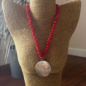 Red Beaded Necklace with Shell Pendant